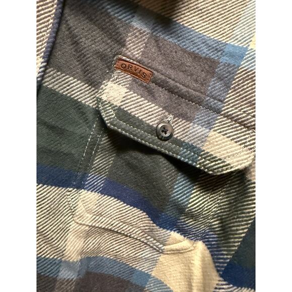 Orvis Heavy Flannel Shirt Men’s XL Green/Blue Plaid Shacket Long Sleeve ButtonUp - Picture 2 of 6
